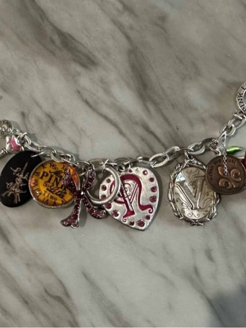 PINK Victoria's Secret Silver Charm Bracelet with Pink, Red and Yellow Accents